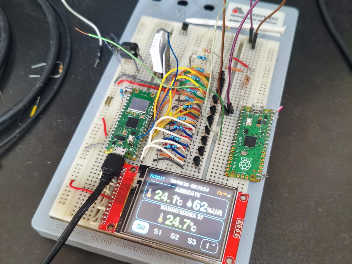 The SIMUT development bench: a Pico W, TFT display and sensors wired on a breadboard.